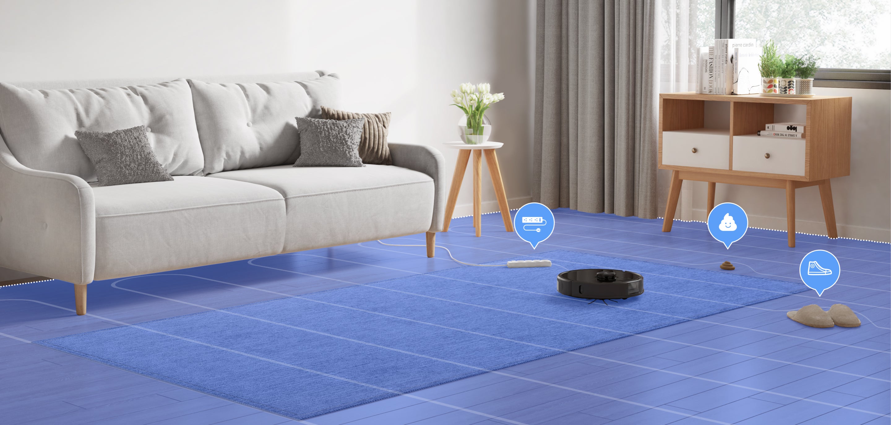 La carte du Roborock S6 MaxV vous permet de voir les obstacles qui jonchent votre sols grâce à des icônes La carte du Roborock S6 MaxV vous permet de voir les obstacles qui jonchent votre sols grâce à des icônes